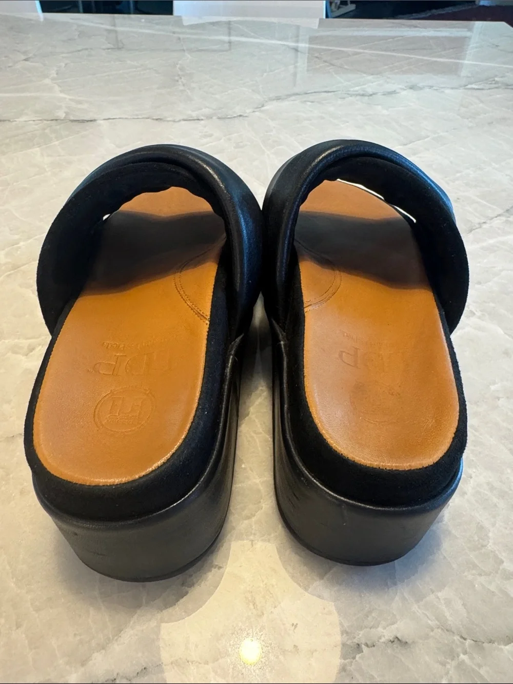 LDP black suede and leather platform slides